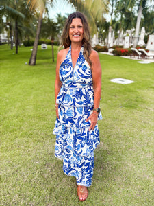 Weekend Bliss Royal Blue Floral Halter Maxi Dress