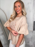 Load image into Gallery viewer, Looking Forward Bow Patch Taupe S/S Blouse
