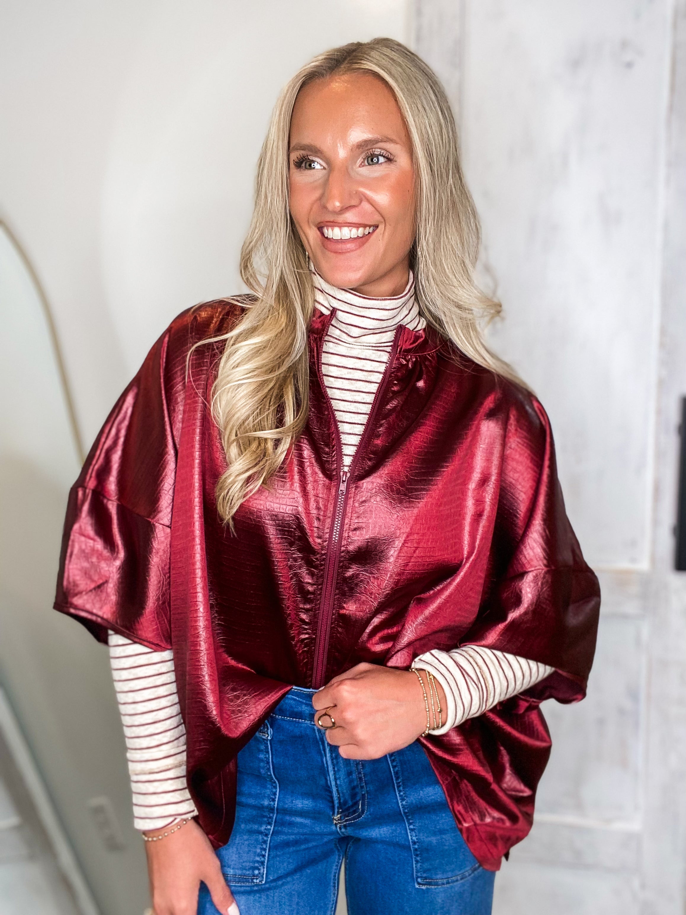 Get In Touch Burgundy Front Zip S/S Blouse
