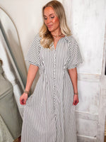 Load image into Gallery viewer, Taking Risks Black &amp; White Striped Midi Dress
