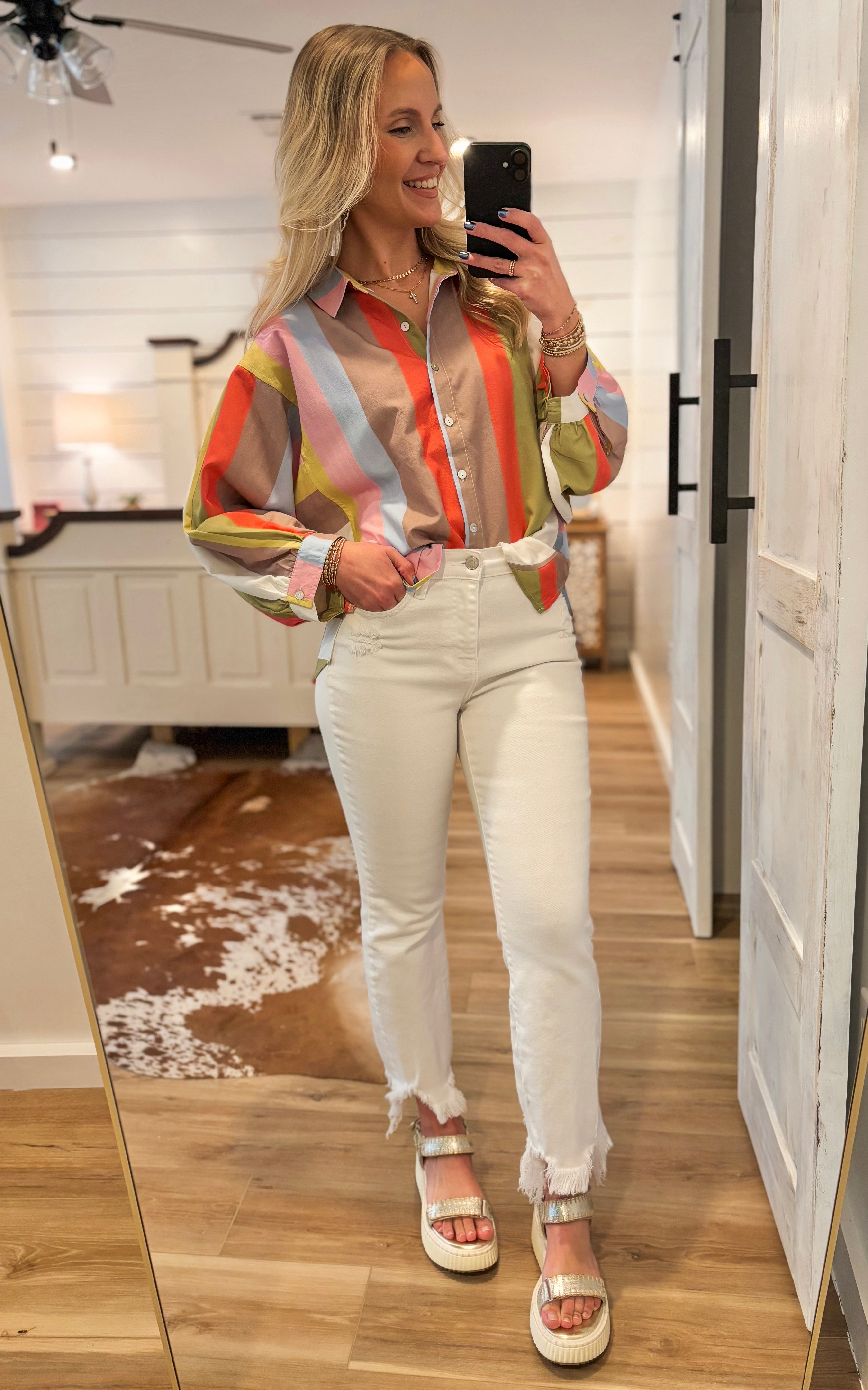 True Feelings Lime & Mocha Striped L/S Blouse