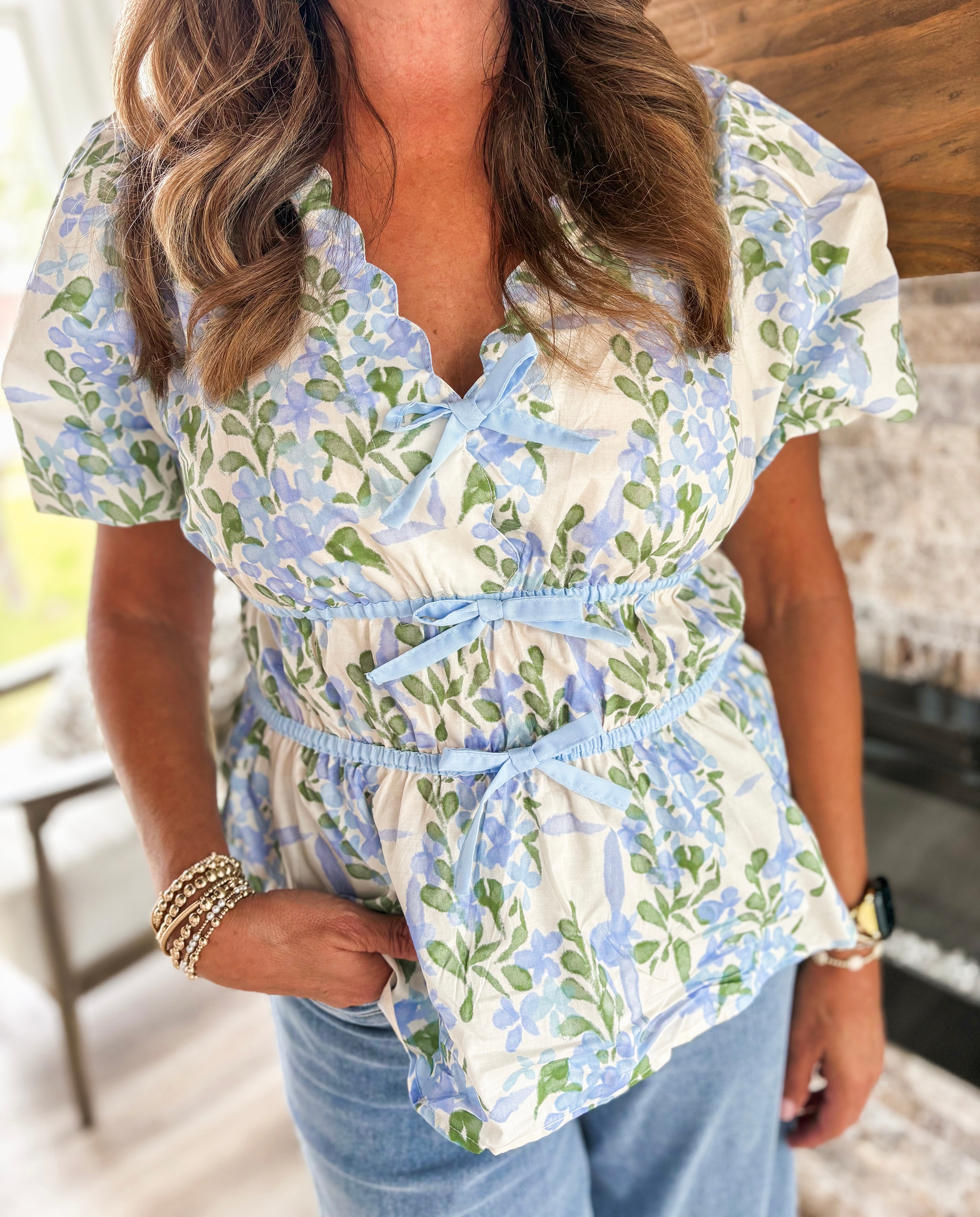 Easily Impressed Powder Blue Floral Bow Blouse