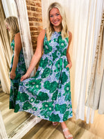 Load image into Gallery viewer, Never Too Much Green &amp; Periwinkle Floral Maxi Dress
