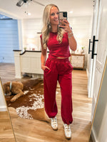 Load image into Gallery viewer, Crossing Boundaries Berry Red Washed Jogger Pant
