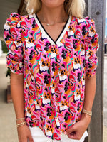 Load image into Gallery viewer, New Here Pink Printed Ruched Sleeve THML Blouse
