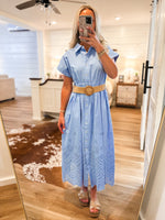 Load image into Gallery viewer, Sure Enough Blue Eyelet Trim Midi Dress
