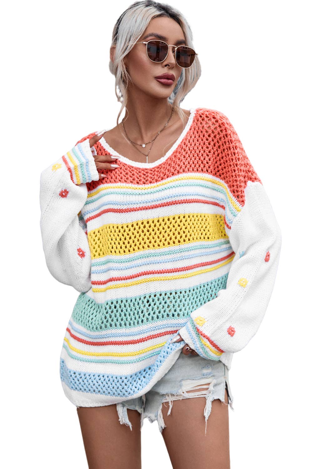 Hey There Multicolor Hollow Striped Knit Sweater