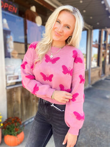 Butterfly Simply Southern Mauve Pink Cropped Sweater