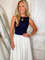 Load image into Gallery viewer, Meeting Here Navy/White Knit Midi Dress
