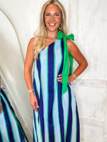 Load image into Gallery viewer, Coastal Vibes Blue-Green Stripe One Shoulder Maxi Dress
