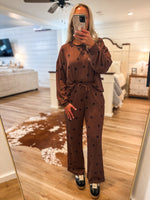 Load image into Gallery viewer, Brown Polka Dot L/S Crew &amp; Lounge Pant Set

