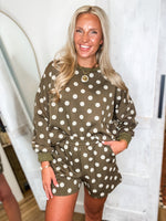 Load image into Gallery viewer, Plans In Place Olive Polka Dot Pullover &amp; Shorts Set
