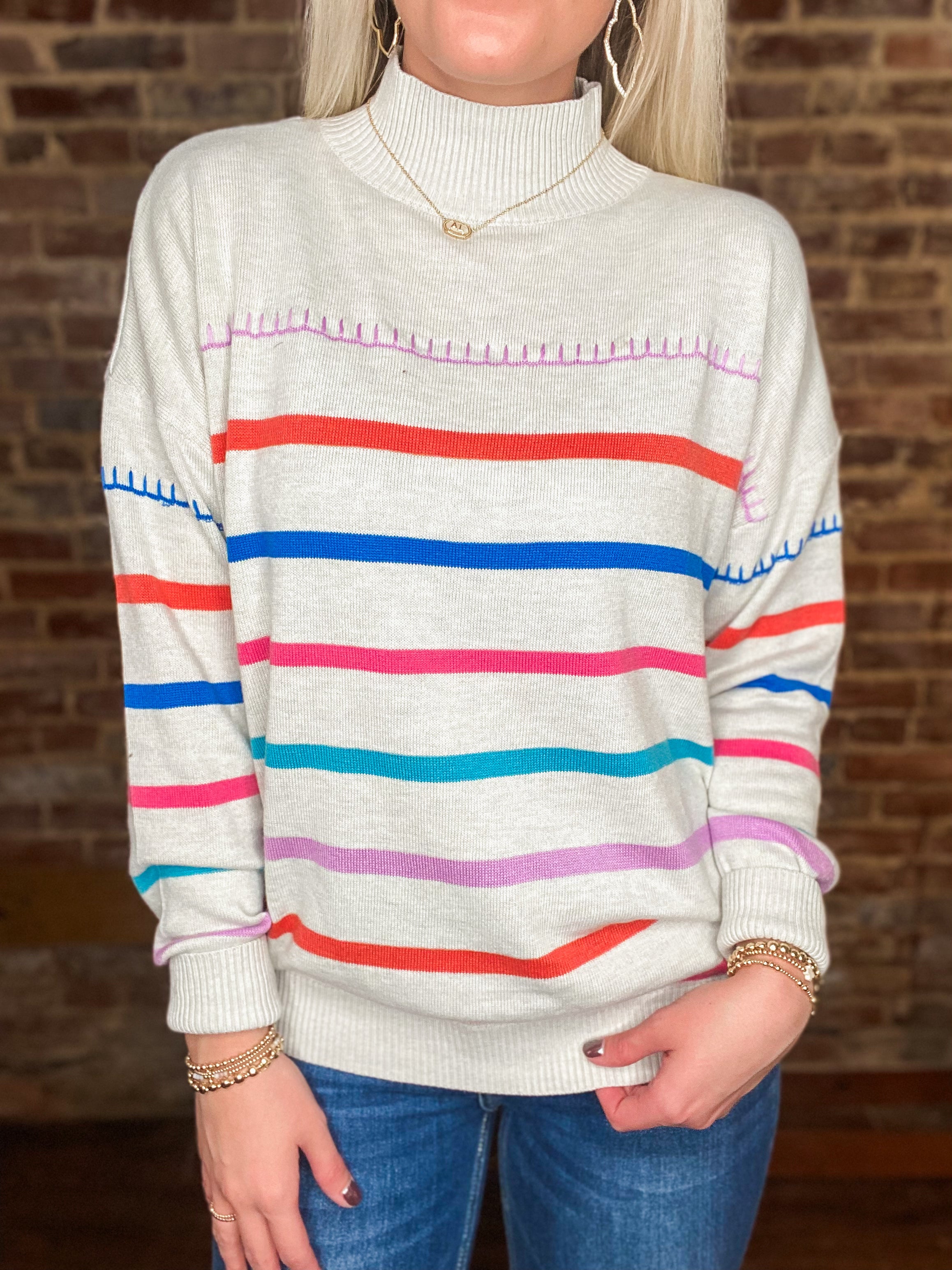 Cutest Thing Multi Stripe Mock Neck Sweater