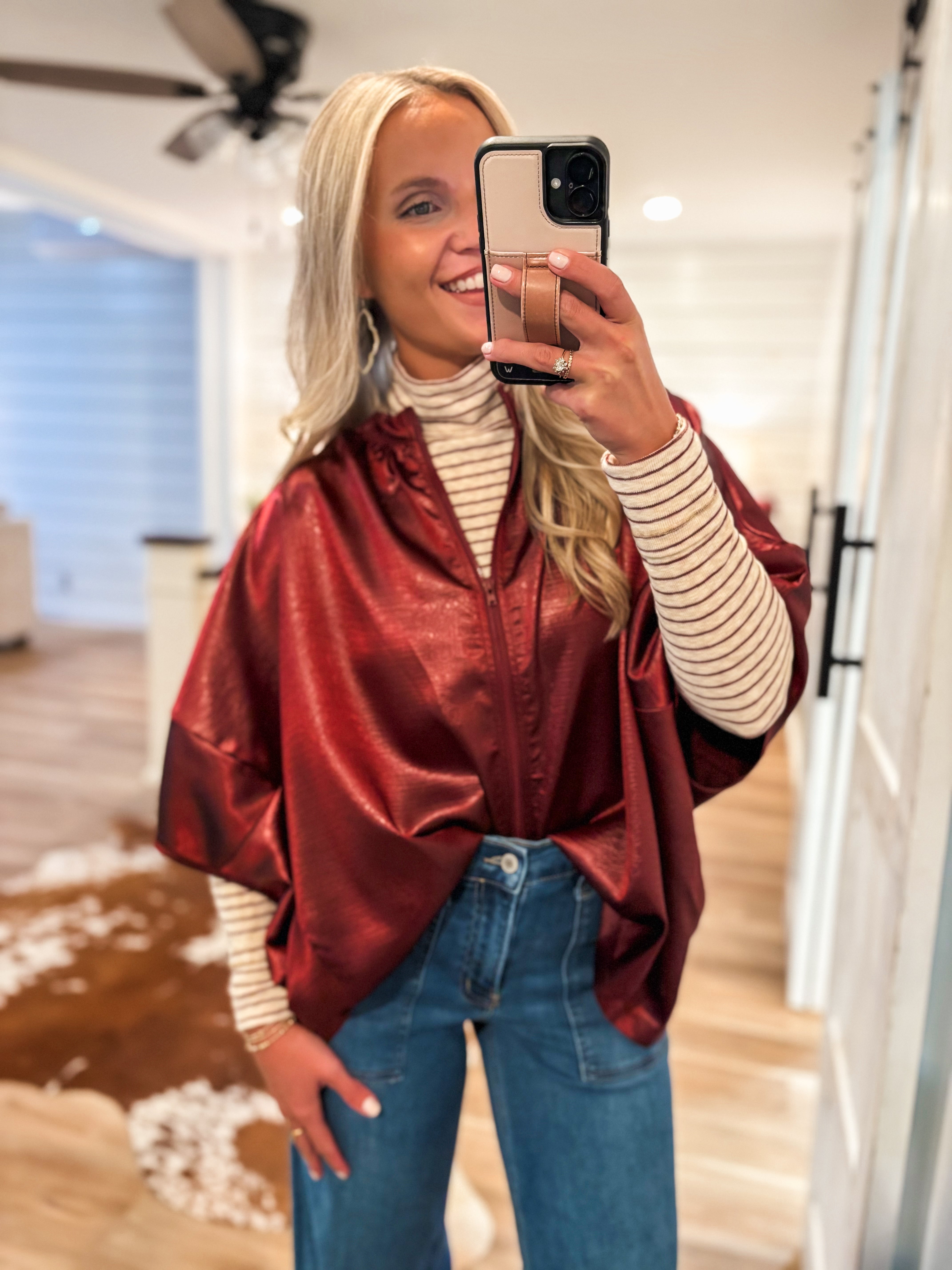 Get In Touch Burgundy Front Zip S/S Blouse