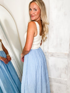 Above This Taupe & Blue Pin Stripe Midi Dress