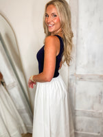Load image into Gallery viewer, Meeting Here Navy/White Knit Midi Dress
