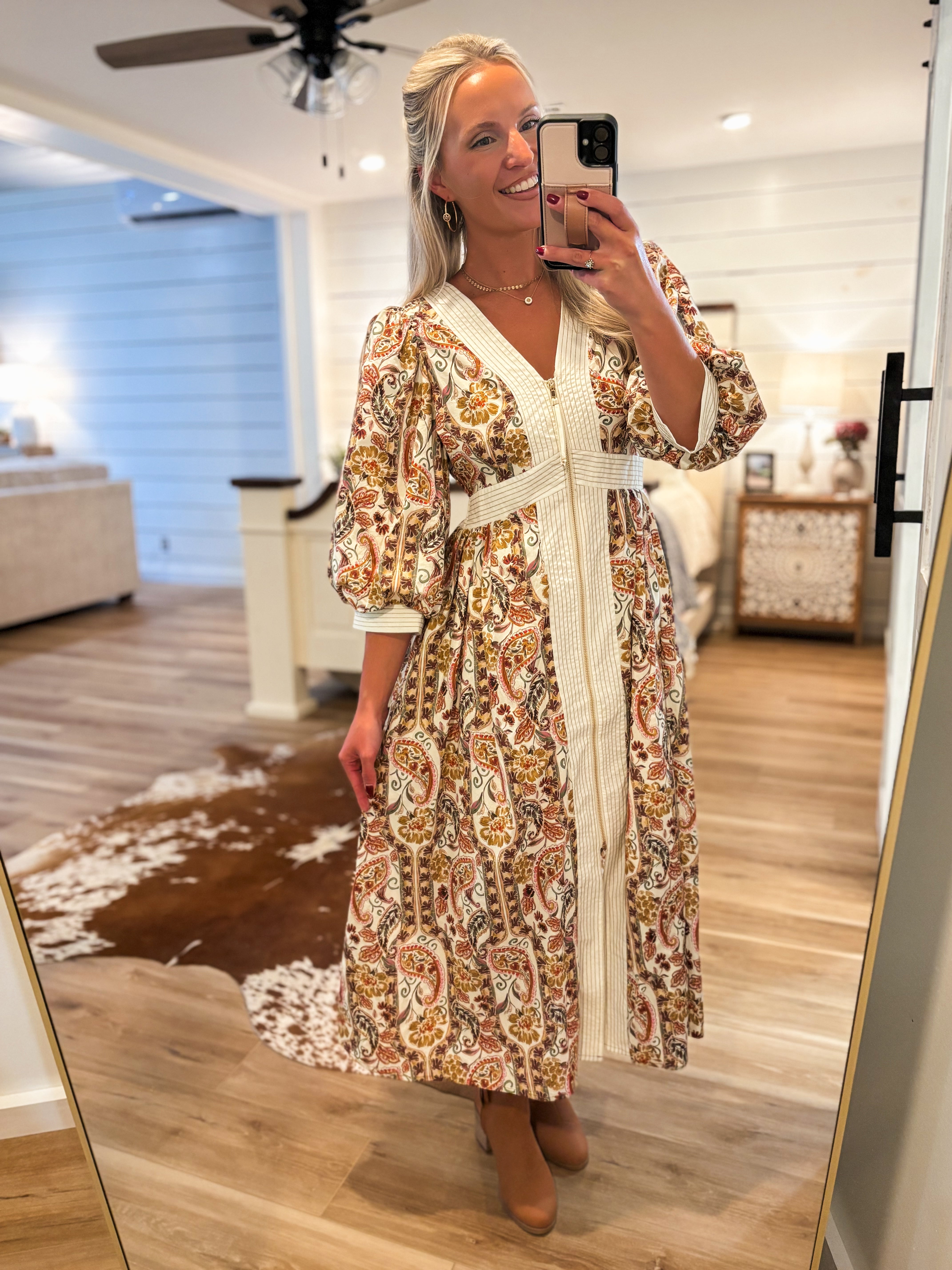 Way You Love Ivory Multi Paisley Zip Midi Dress