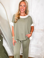 Load image into Gallery viewer, Destined To Be Olive &amp; Cream S/S Blouse &amp; Lounge Pant Set
