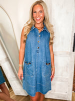 Load image into Gallery viewer, Settling Up Denim Shift Dress
