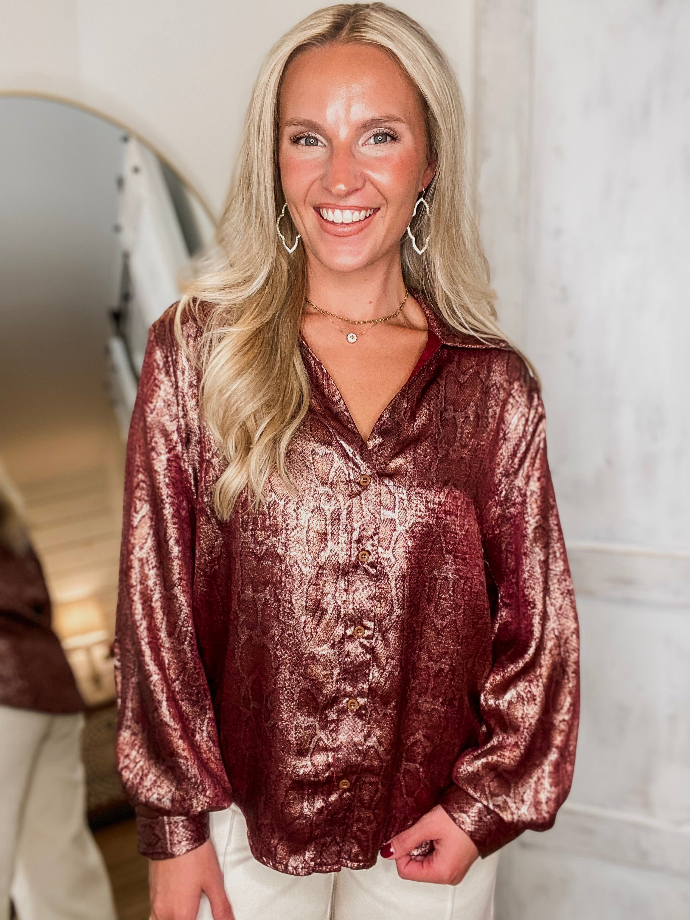 Ending This Burgundy Metallic Blouse