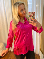 Load image into Gallery viewer, Nashville Night Sequin Cowboy Hat Fuchsia Pink Button Down Blouse
