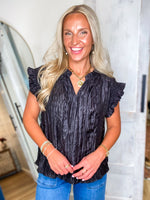 Load image into Gallery viewer, Over Here Black Metallic Crinkle Blouse
