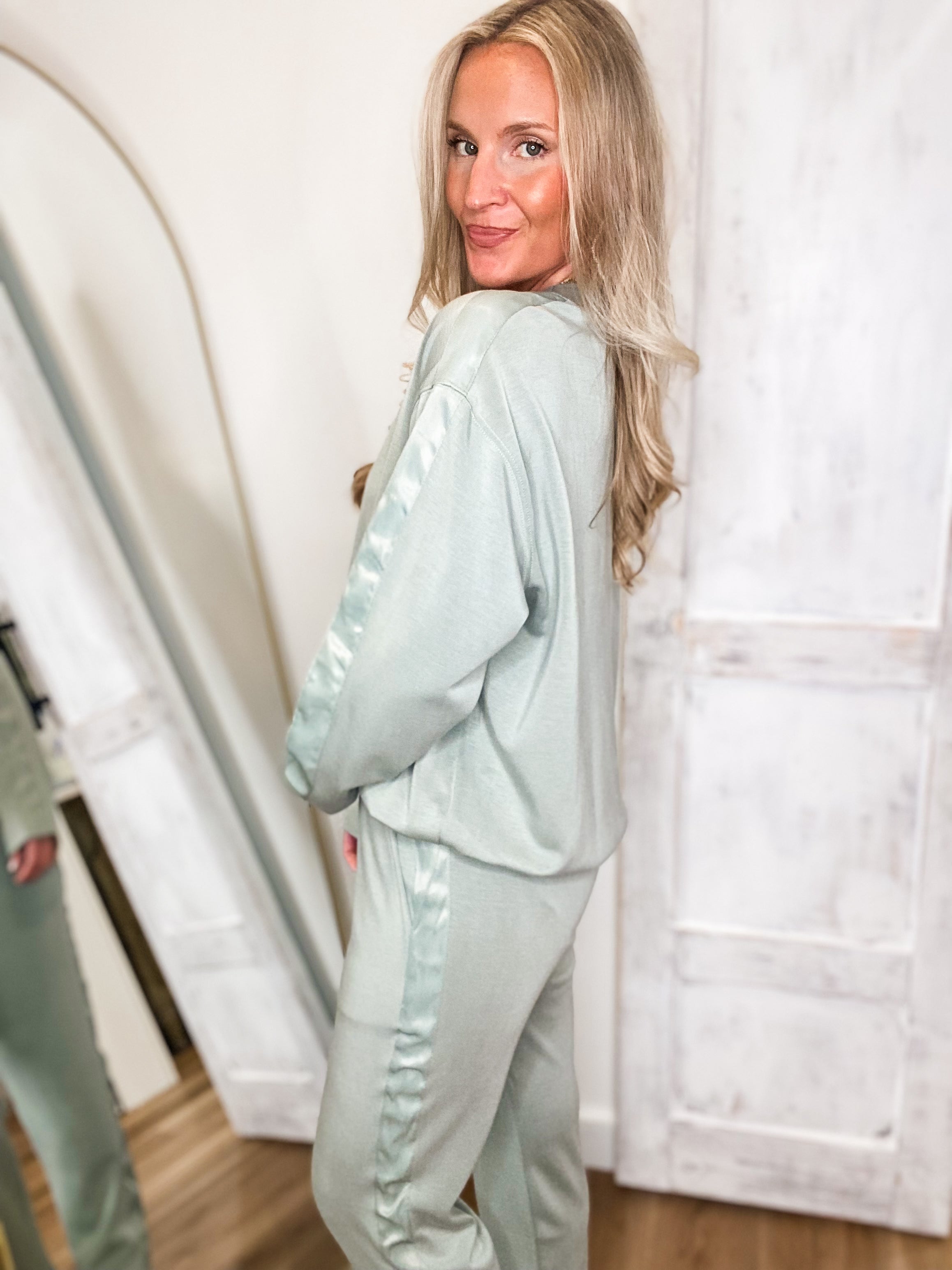 Coming Back Sage Satin Trim Sweatshirt & Lounge Pant