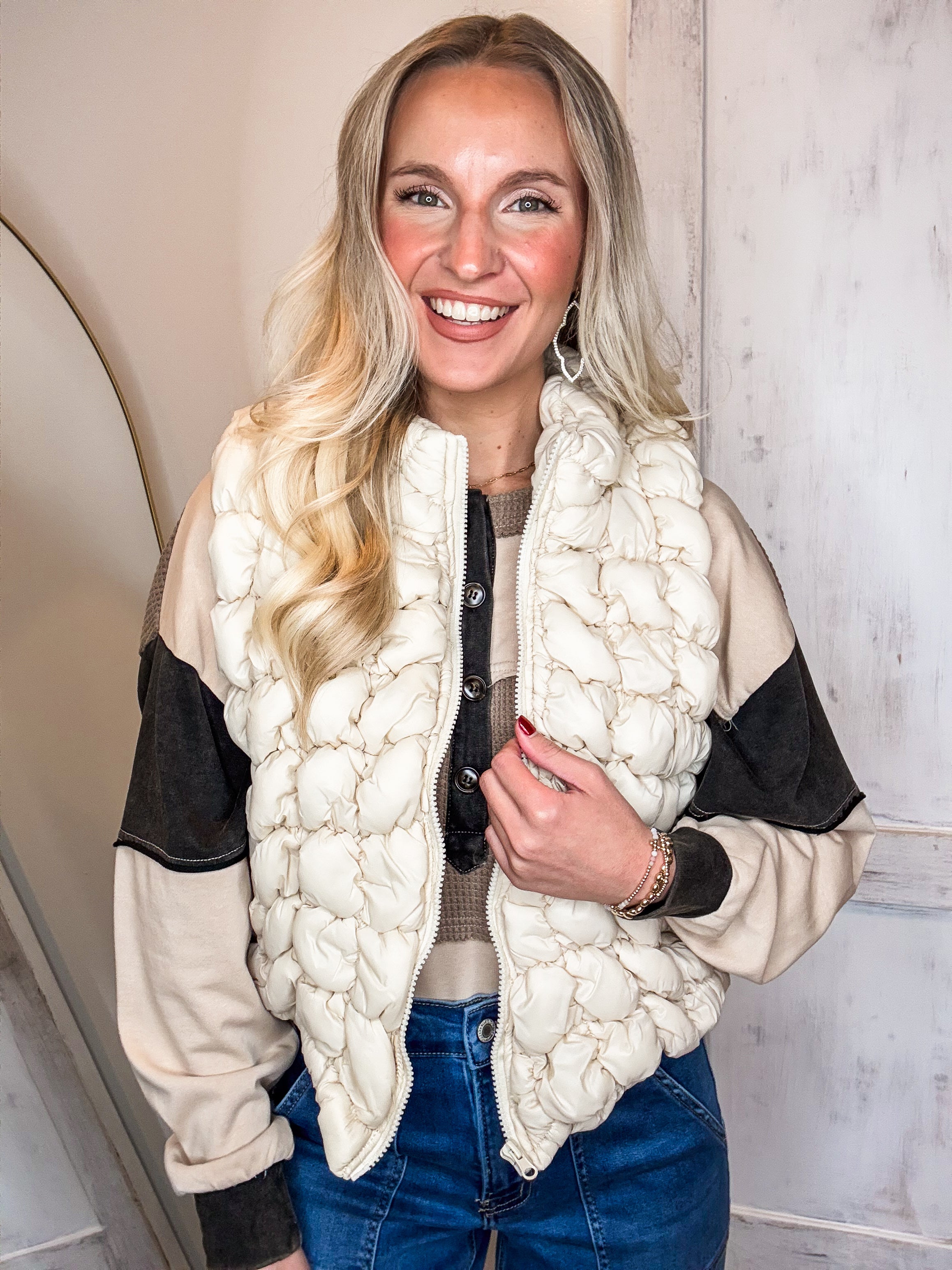 Never Bothered Quilted Bubble Ecru Puffer Vest