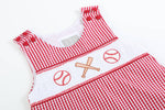 Load image into Gallery viewer, Red Gingham Baseball Smocked Shortalls
