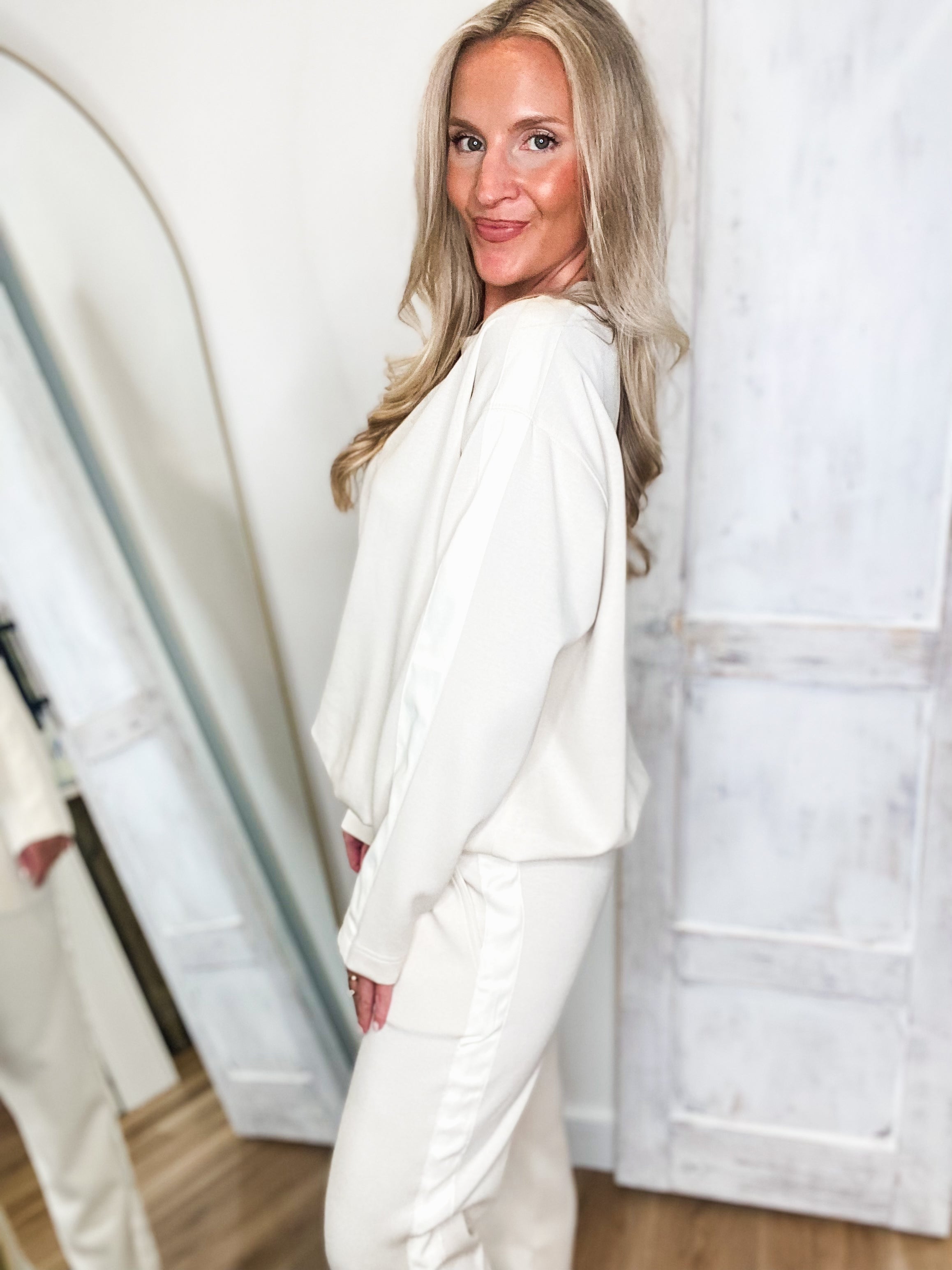 Coming Back Vanilla Satin Trim Sweatshirt & Lounge Pant Set