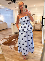 Load image into Gallery viewer, Seat Taken Blue Polka Dot Strapless Midi Dress

