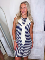 Load image into Gallery viewer, Taking A Stroll Navy Stripe Luxe Mini Dress
