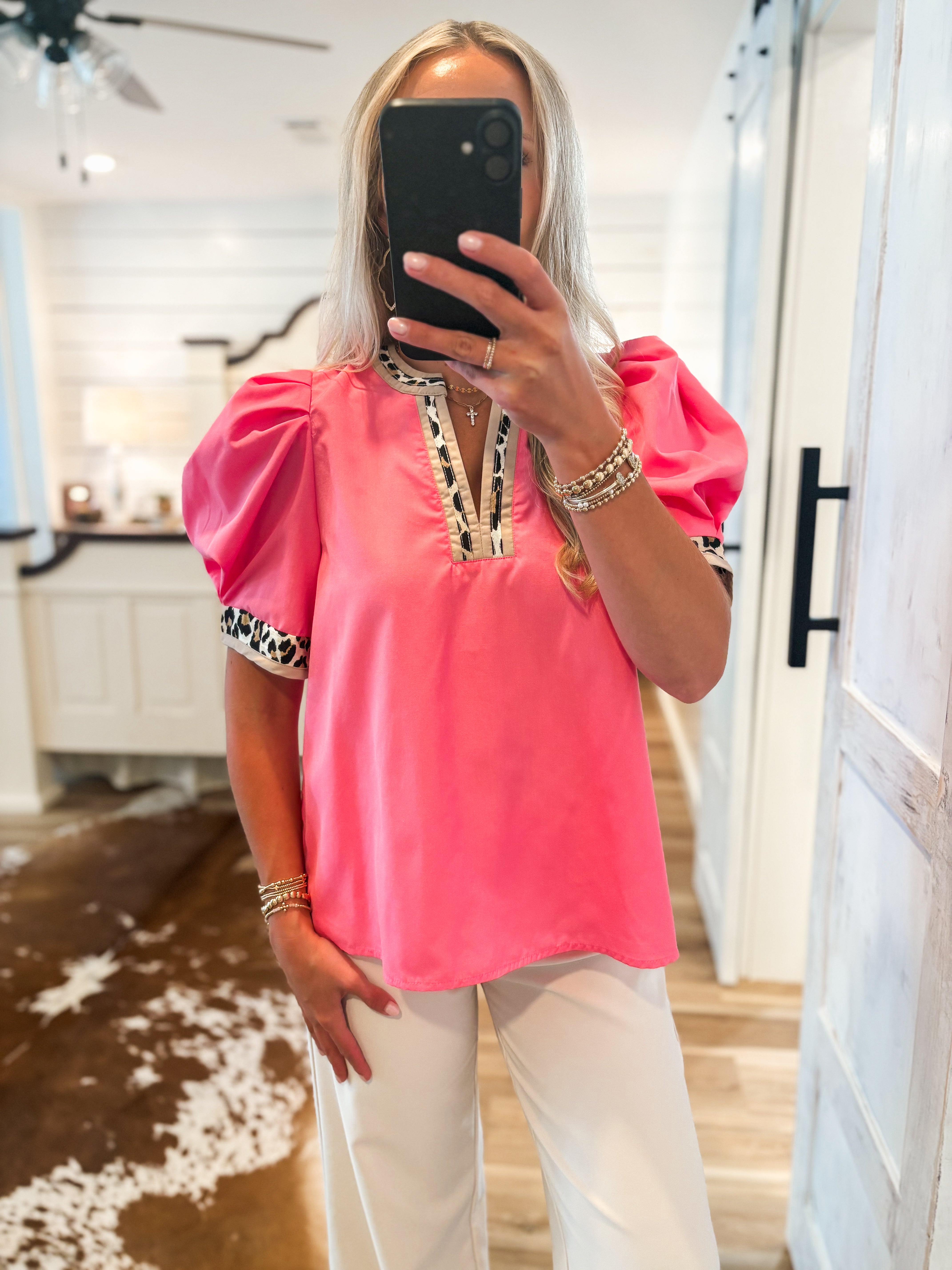 Giving My Best Neon Pink Leopard Contrast Blouse