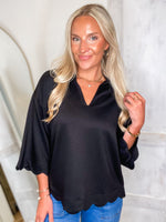 Load image into Gallery viewer, Everyone&#39;s Choice Black Scalloped Blouse
