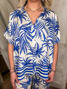 Secret Getaway Royal Blue Palm Blouse & Pant Set