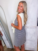 Load image into Gallery viewer, Taking A Stroll Navy Stripe Luxe Mini Dress
