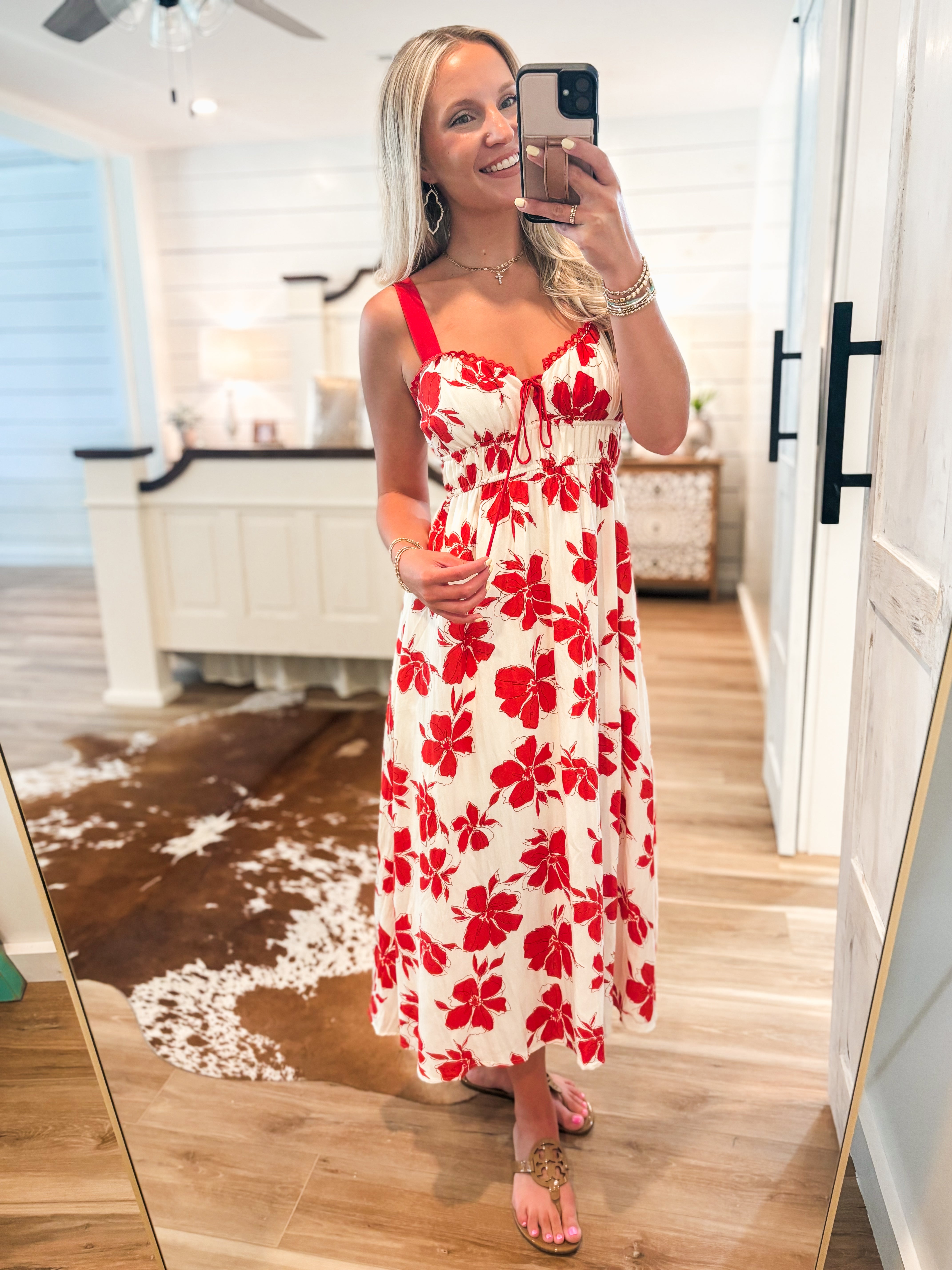 Never Left Red & Ivory Floral Midi Dress