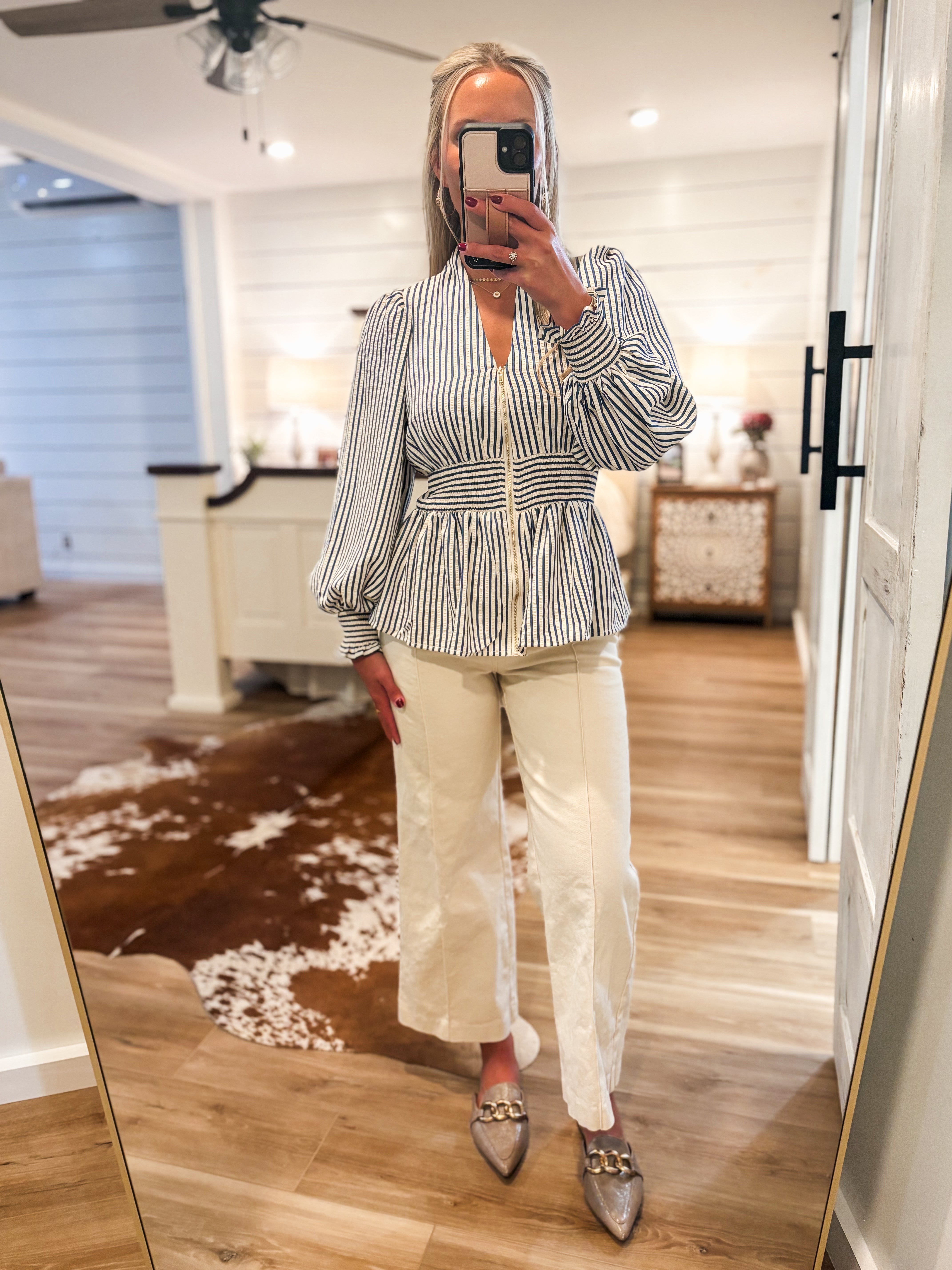 Hear Me Indigo Stripe Smocked Blouse