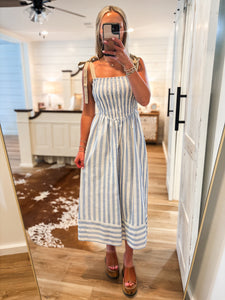 Ocean Air Ivory & Blue Stripe Linen Midi Dress