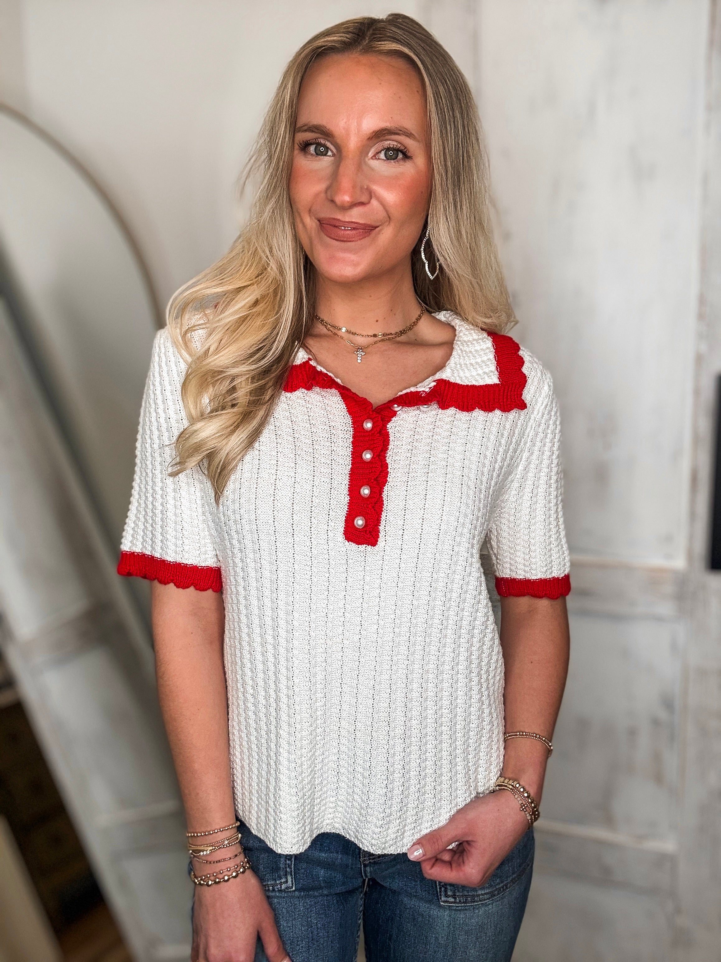 Sweet Remedy Ivory Contrast Knit Blouse