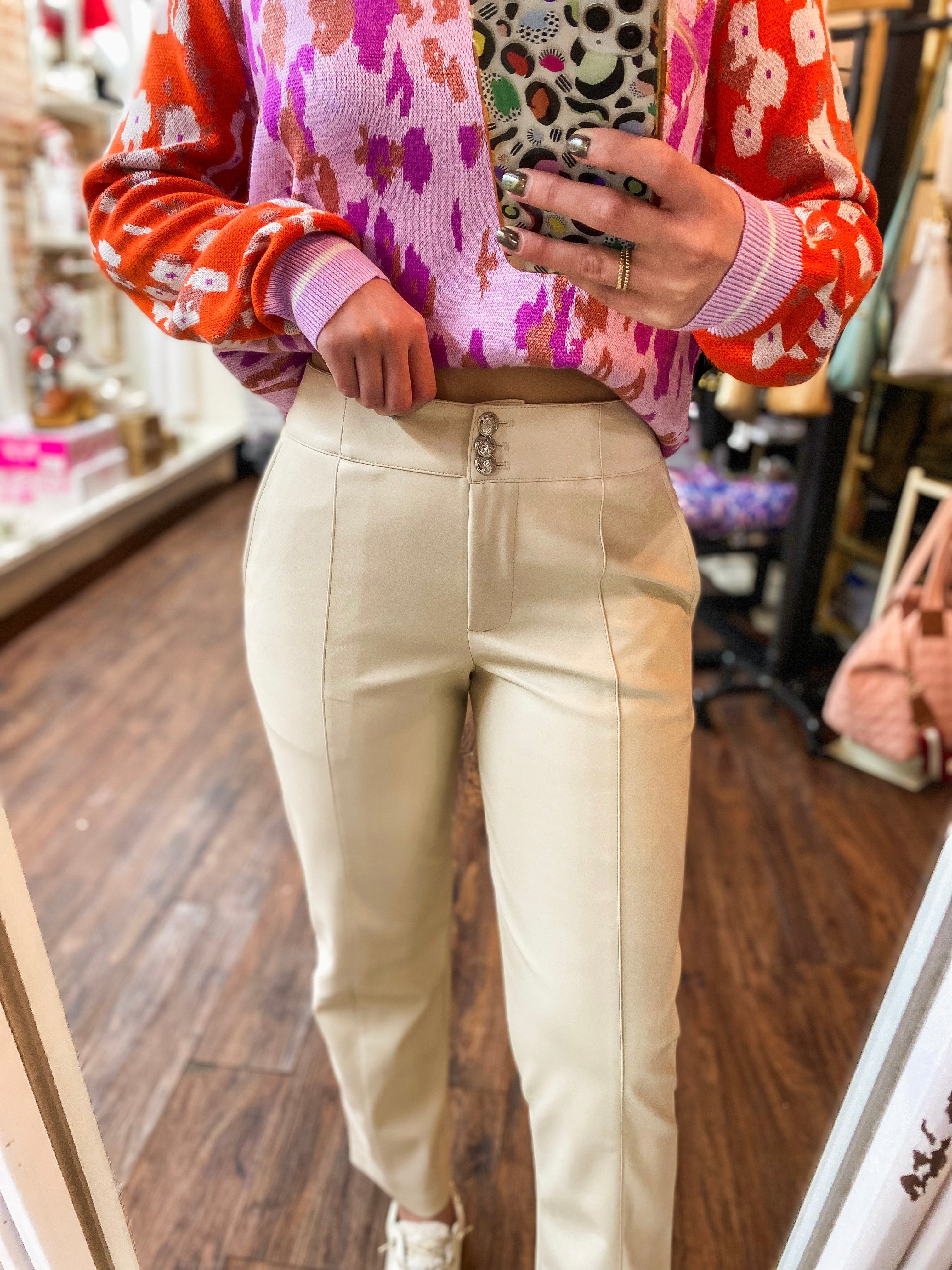 Out Of Town Ivory Faux Leather Cropped Pants