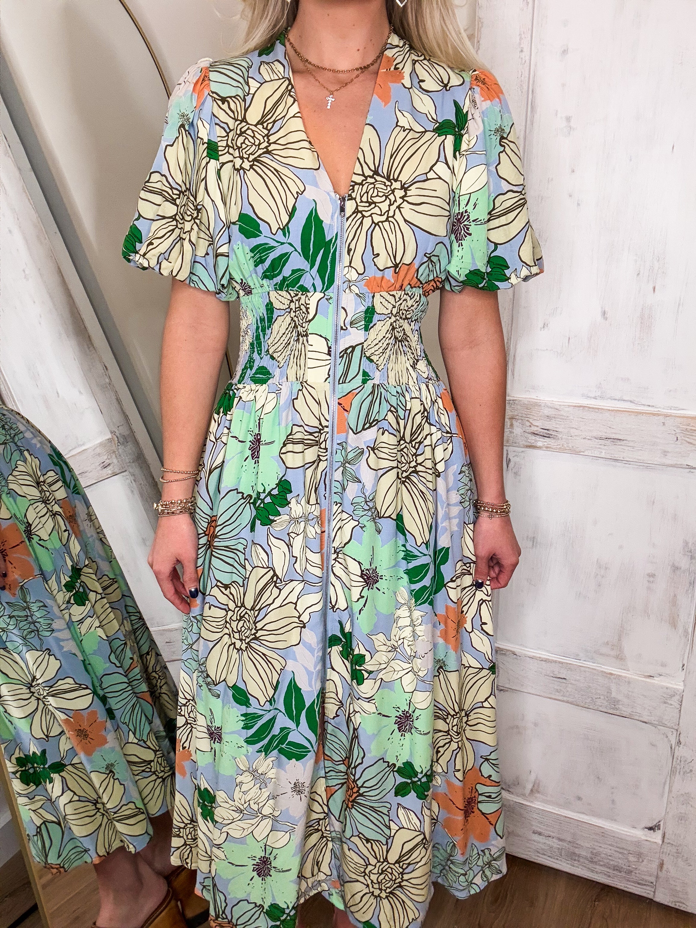 Field Of Possibilities Multi Floral Blue Midi Dress