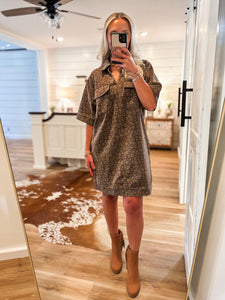 What We Have Mocha Leopard Denim Mini Dress
