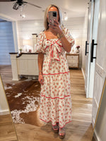 Load image into Gallery viewer, Waiting Here Coral Floral Bow Midi Dress
