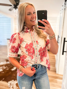 Downtown Walks Pink Floral Button Down Blouse