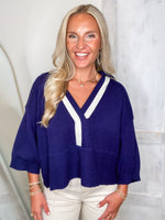 Load image into Gallery viewer, Just Arrived Navy Contrast Sweater
