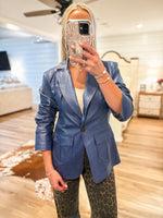 Load image into Gallery viewer, Here Now Deep Blue Faux Leather Blazer
