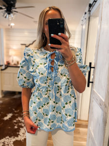 Hopeful Wishes Blue Floral Bow Blouse