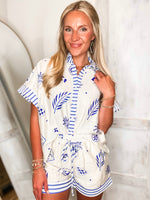 Load image into Gallery viewer, Venturing Out Royal Blue Printed S/S Button Up &amp; Shorts Set
