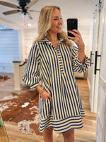 Load image into Gallery viewer, Choosing Myself Blue &amp; Taupe Stripe Mini Dress
